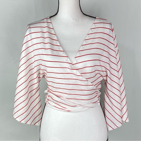 Cotton On Jude Kimono Wrap Around Crop Top Sz L White With Red Stripes - Picture 1 of 9